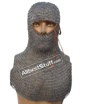 13th Century Hood Flat Riveted Solid Ring Chainmail Coif