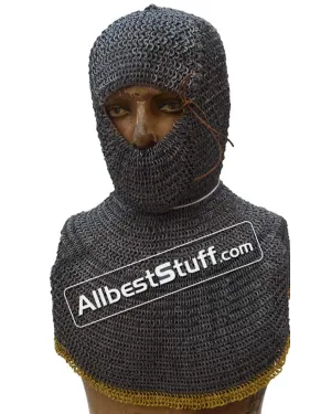 13th Century Hood Flat Riveted Solid Ring Chainmail Coif