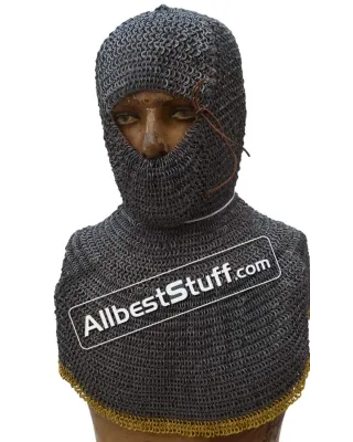 13th Century Hood Flat Riveted Solid Ring Chainmail Coif