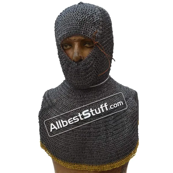 13th Century Hood Flat Riveted Solid Ring Chainmail Coif