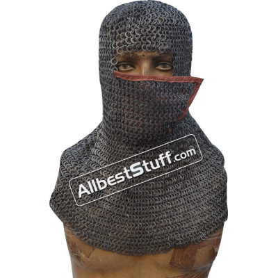 Side ventail Coif Flat Riveted Flat Solid Ring Chain Mail Hood 8 mm