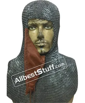 Flat Riveted alternating Solid Chain Mail Hood with Side ventail Coif