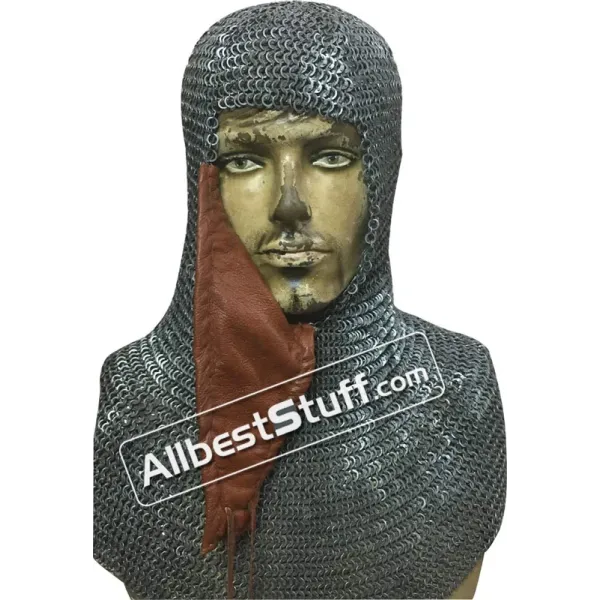 Flat Riveted alternating Solid Chain Mail Hood with Side ventail Coif