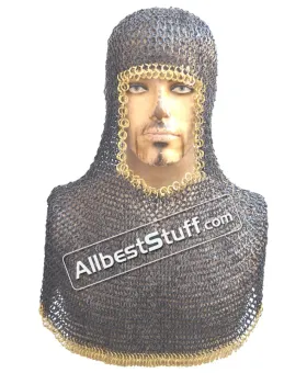 Flat Riveted Solid Maille Coif Steel Brass Trim