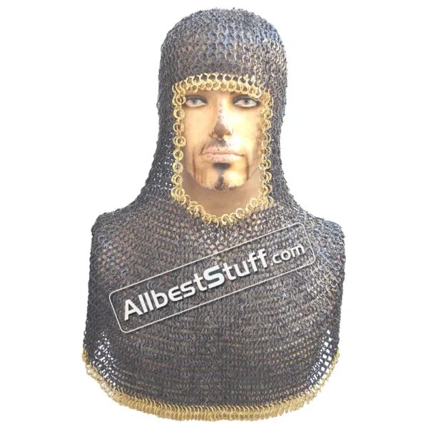 Flat Riveted Solid Maille Coif Steel Brass Trim