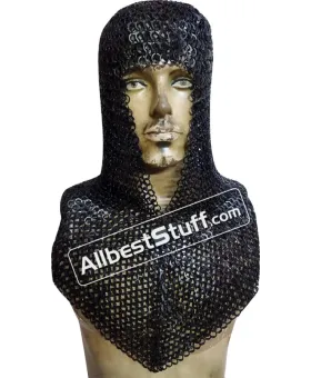 Flat Riveted Solid Ring Chain Mail Coif Steel 9 mm