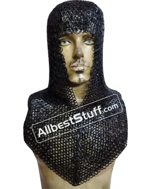 Flat Riveted Solid Ring Chain Mail Coif Steel 9 mm