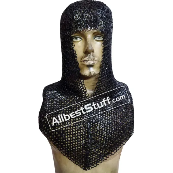 Flat Riveted Solid Ring Chain Mail Coif Steel 9 mm