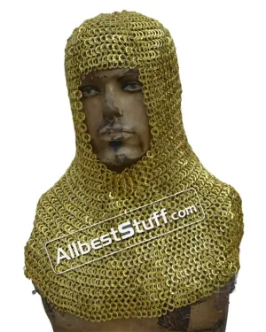 Solid Brass Maille Coif Exclusive Flat Riveted Brass Hood