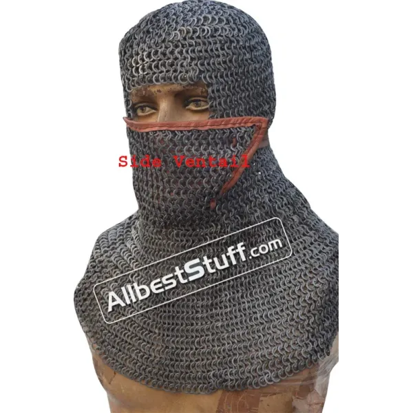Side ventail Coif Flat Riveted Flat Solid Ring Chain Mail Hood 8 mm