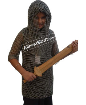 Butted Steel Chain Mail Shirt with Coif Maille Chest 30 inch