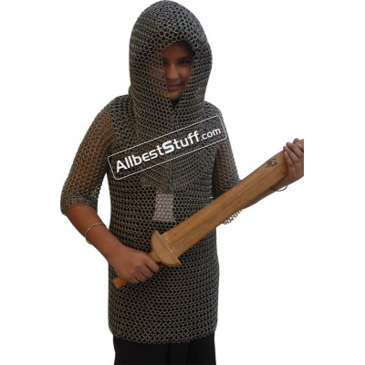 Butted Steel Chain Mail Shirt with Coif Maille Chest 30 inch