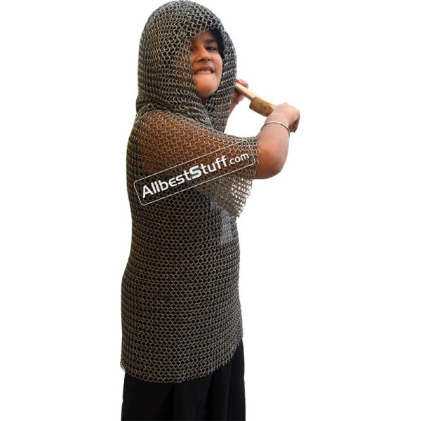 Butted Steel Chainmail Coif with Shirt Maille Chest 34 inch