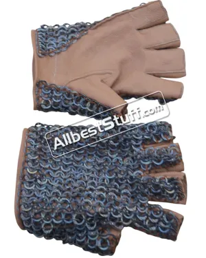 Medieval Riveted Chainmail Fingerless Gloves with Leather – Flat Dome Mail Mittens