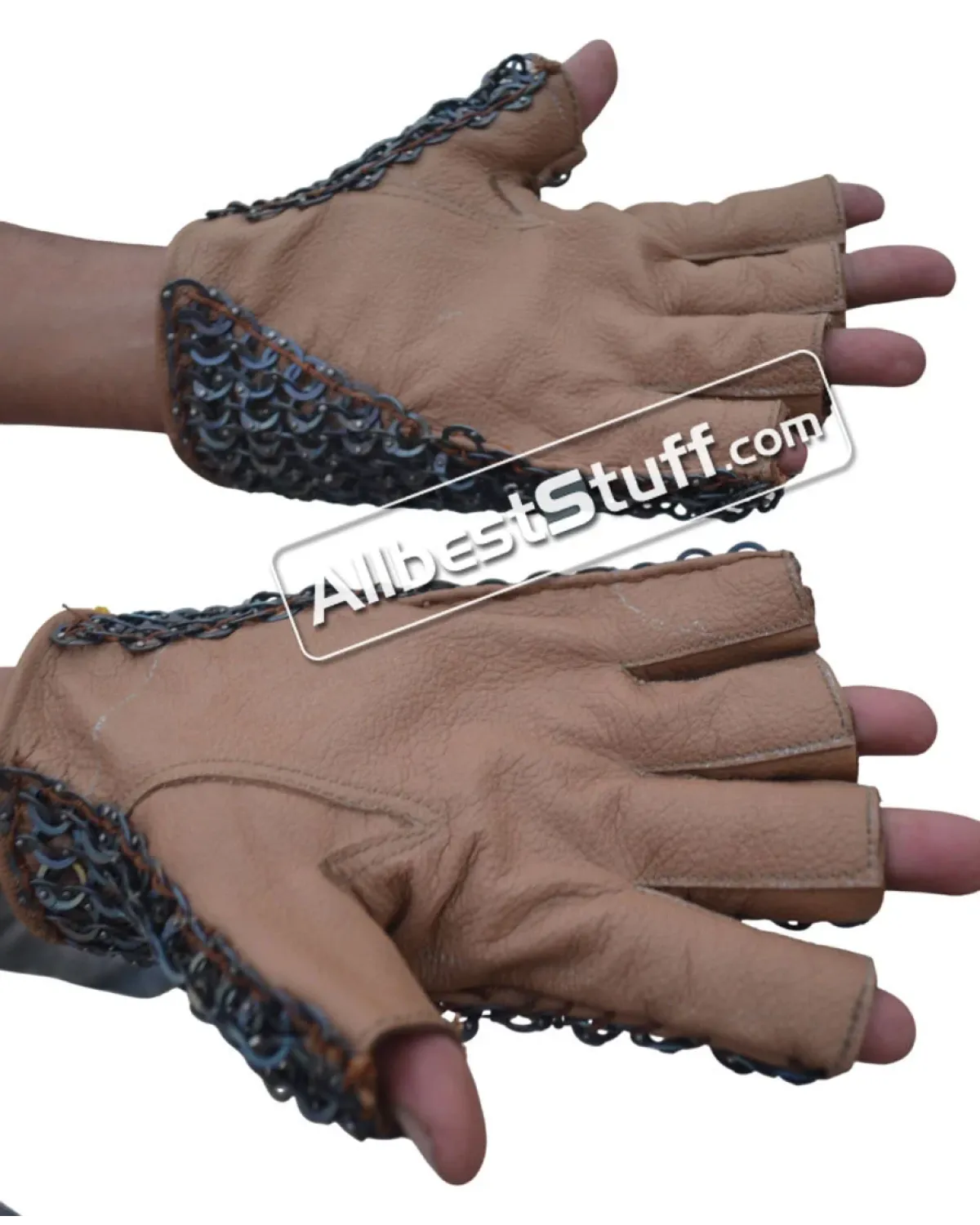 Titanium Medieval fingerless Leather Chain Mail Gloves