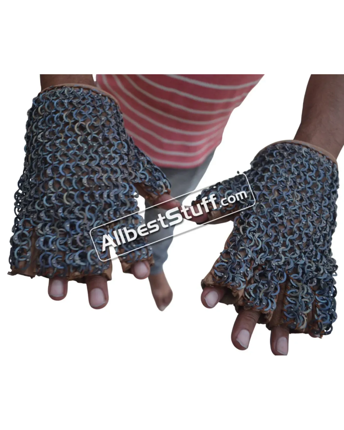 Titanium Medieval fingerless Leather Chain Mail Gloves