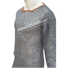 44 Chest Titanium Chainmail Flat Pin Riveted Shirt Full Sleeves Neck Leather