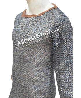 44 Chest Titanium Chainmail Flat Pin Riveted Shirt Full Sleeves Neck Leather