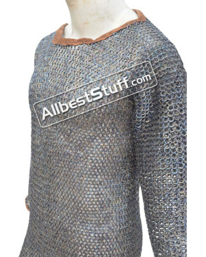 44 Chest Titanium Chainmail Flat Pin Riveted Shirt Full Sleeves Neck Leather