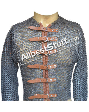 Titanium Flat Riveted Maille Shirt Front Open Close with Leather Strap