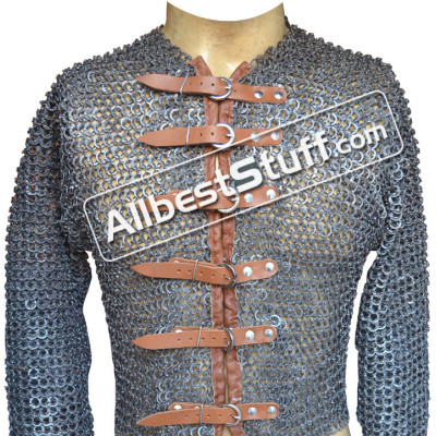 Titanium Flat Riveted Maille Shirt Front Open Close with Leather Strap
