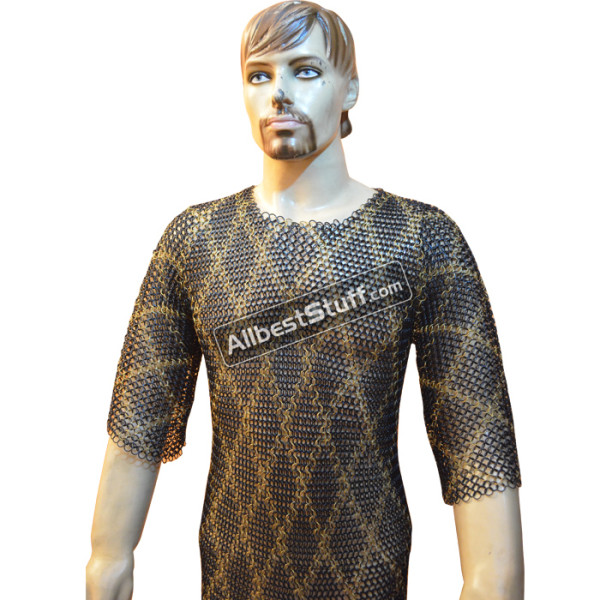 Maille Hauberk Butted Chain Mail Shirt with Brass Design