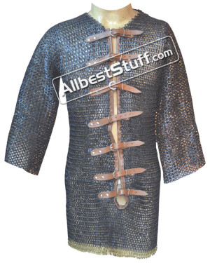 Medieval Chain Mail Shirt Flat Dome Riveted Leather Solid Brass Maille