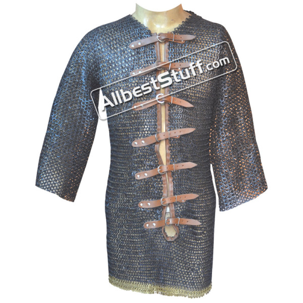 Medieval Chain Mail Shirt Flat Dome Riveted Leather Solid Brass Maille
