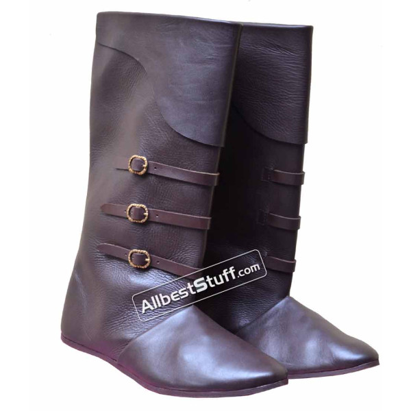 Medieval Leather Boots Long with Brass Buckle