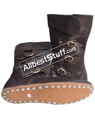 Medieval Leather Boots Long 3 Buckle Hobnail Leather Sole