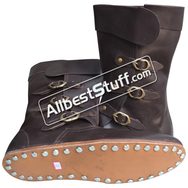 SALE! Medieval Boots Long 3 Buckle Hobnail Leather Sole Brown