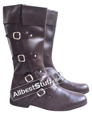 SALE! Medieval Leather Boots Long 4 Buckle Brown
