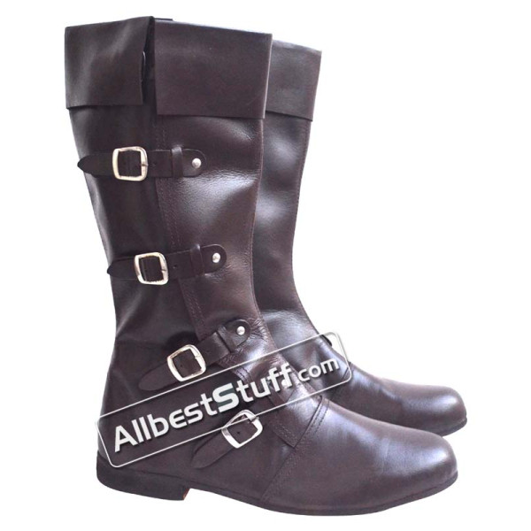 SALE! Medieval Leather Boots Long 4 Buckle Brown