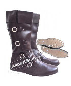 Medieval Leather Boots Long 4 Buckle Brown Hobnail Sole
