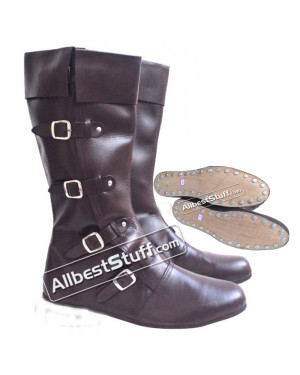 Medieval Leather Boots Long 4 Buckle Brown Hobnail Sole