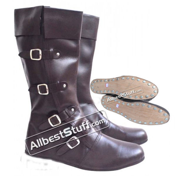 Medieval Leather Boots Long 4 Buckle Brown Hobnail Sole