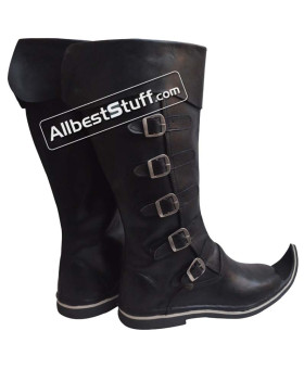 Medieval Leather Boots Long 5 Buckle Black