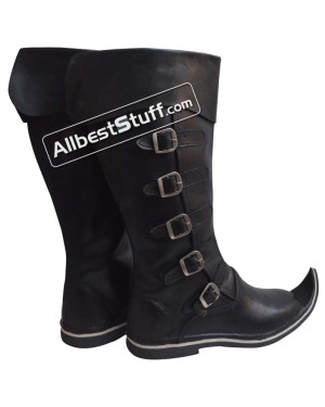 Medieval Leather Boots Long 5 Buckle Black