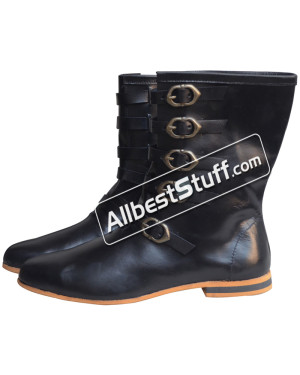 Medieval Long Shoe 5 Brass Buckle Rubber Sole Leather Boots