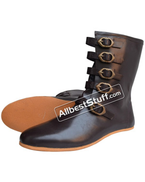 Medieval Rubber Sole Leather Boots 5 Brass Buckle