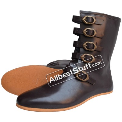 Medieval Rubber Sole Leather Boots 5 Brass Buckle