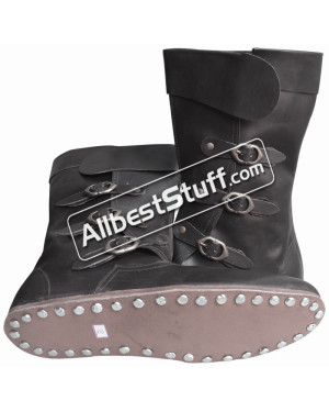 SALE! Medieval Boots Long 3 Buckle Hobnail Leather Sole Black
