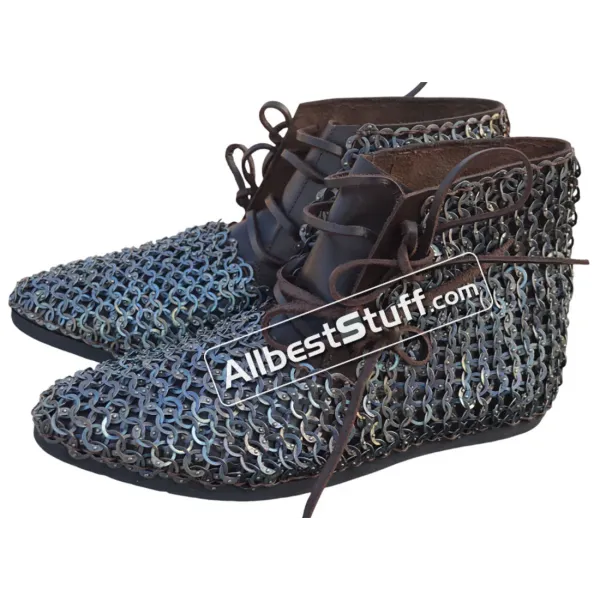 Medieval Ankle Leather Shoes with Titanium Chainmail