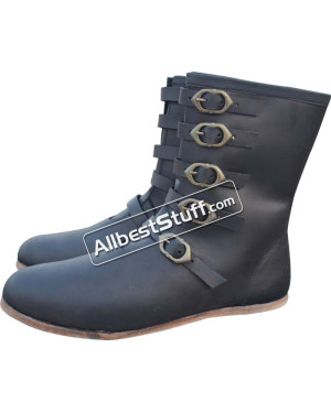 Medieval Leather Boots Long 5 Buckle Hobnail Leather Sole