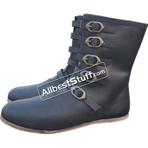 Medieval Leather Boots Long 5 Buckle Hobnail Leather Sole