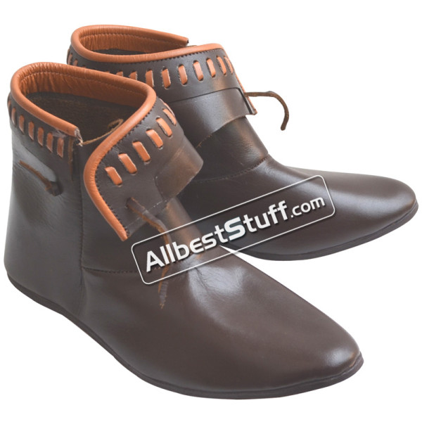 Medieval Leather Decorated Boots Renaissance Ankle Length Shoes