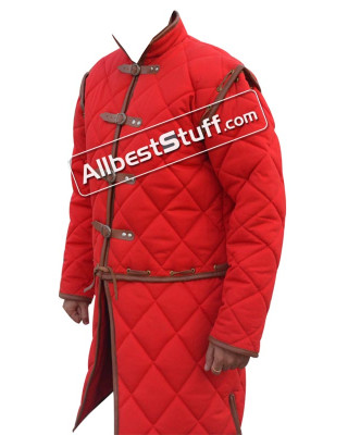 Medieval Leather Edging Arthur Full Sleeve Gambeson with Tasset