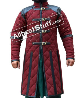 Medieval Viking Gambeson with Leather Trim Full Sleeve Cotton Gambeson