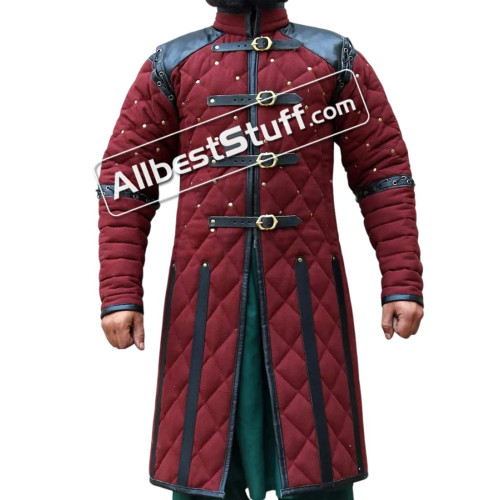 Medieval Viking Gambeson with Leather Trim Full Sleeve Cotton Gambeson