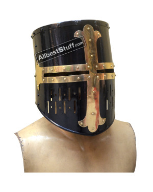 SALE! Crusader Helmet Black Finish with Brass Cross 16 Gauge